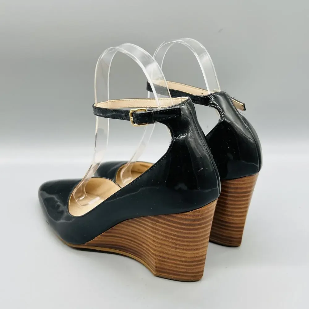Cole Haan Shoes Womens 6.5 Black Patent Leather Lacey Ankle Strap Wedges Pumps